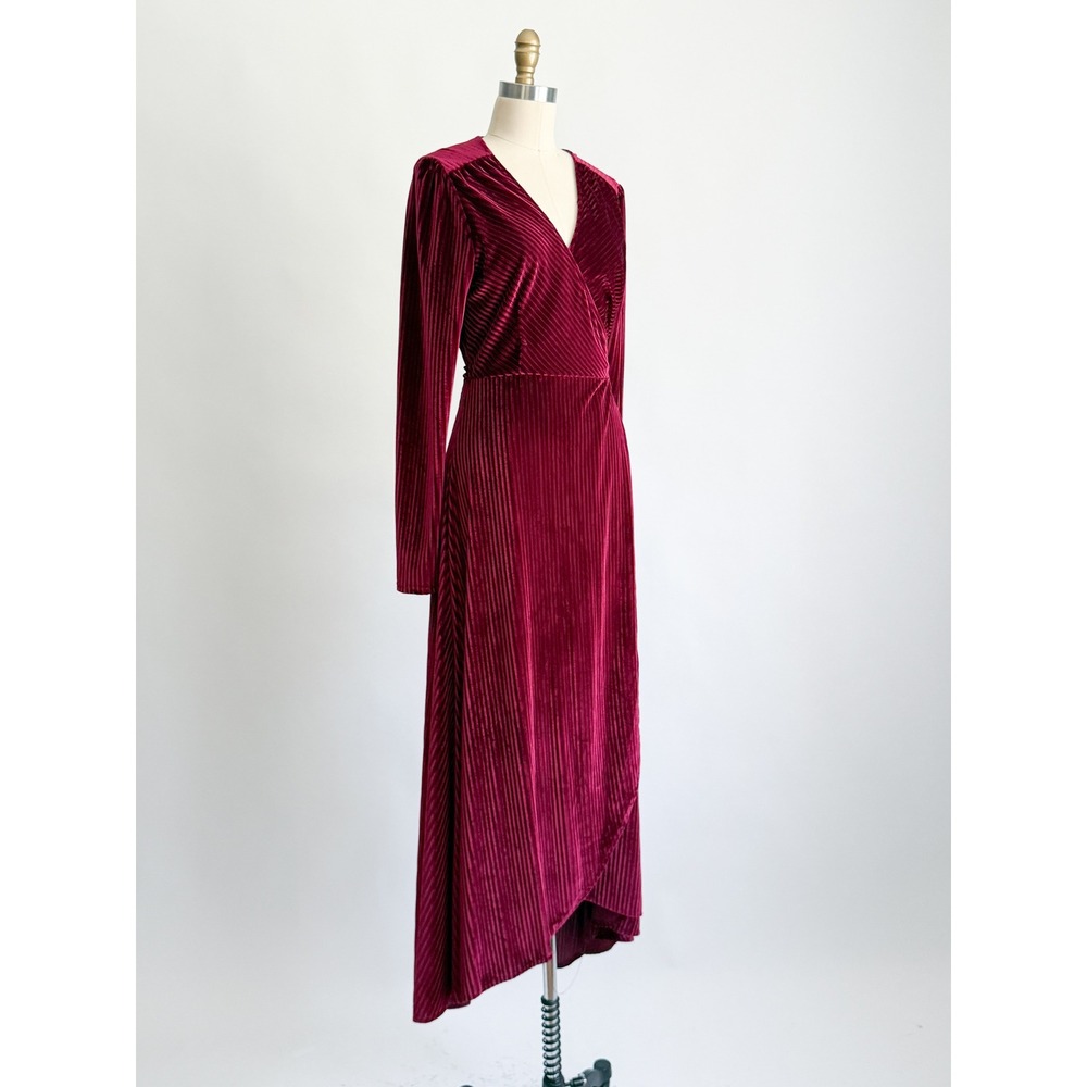 Baltic Born Maxi Dress Velvet Pleated Wrap Red Long Sleeve High Low Burgundy L - Picture 3 of 7